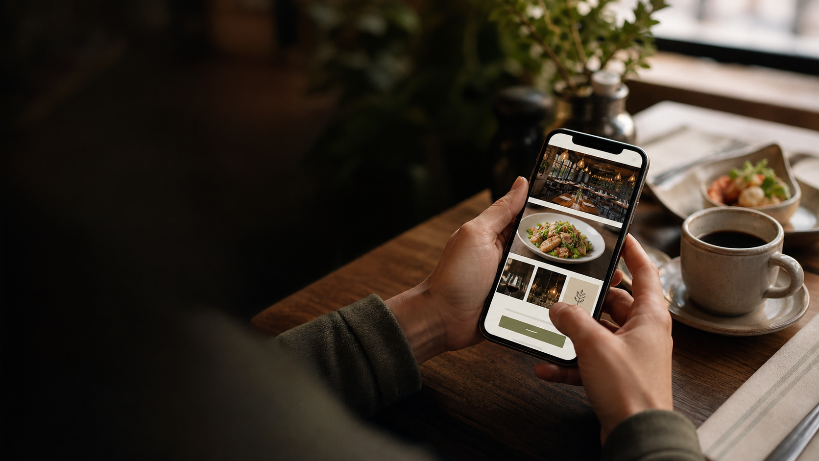 Person browsing a restaurant website on a phone at a cafe table
